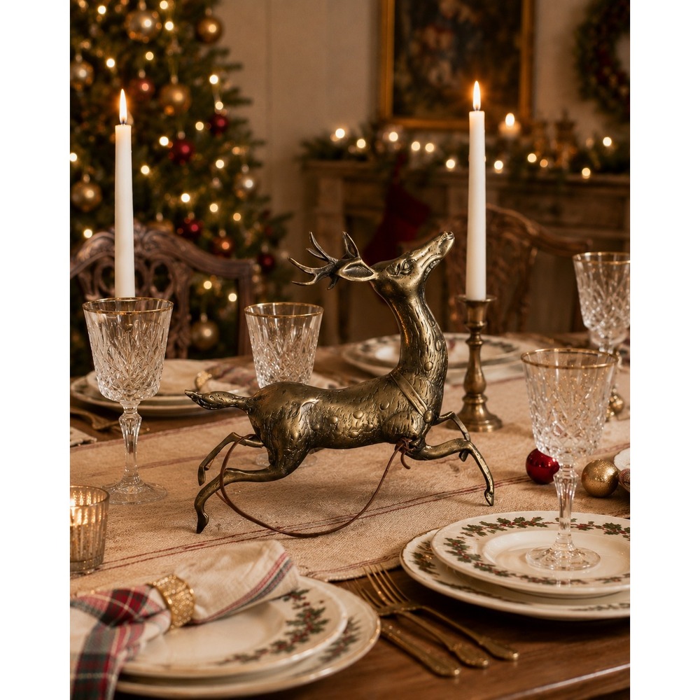 Vintage Brass Leaping Reindeer Figurine Holiday Decor Mid Century Modern‎ Style